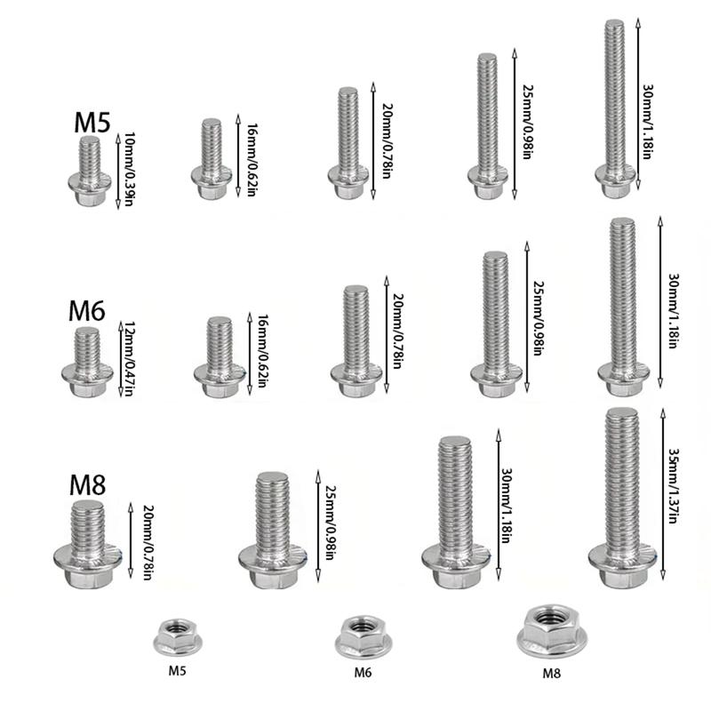 132pcs Stainless Steel Hexagonal Flange Bolt and Nut Set, M5, M6, M8 Flange Bolts and Nuts, Flange Plate, for DIY Projects.