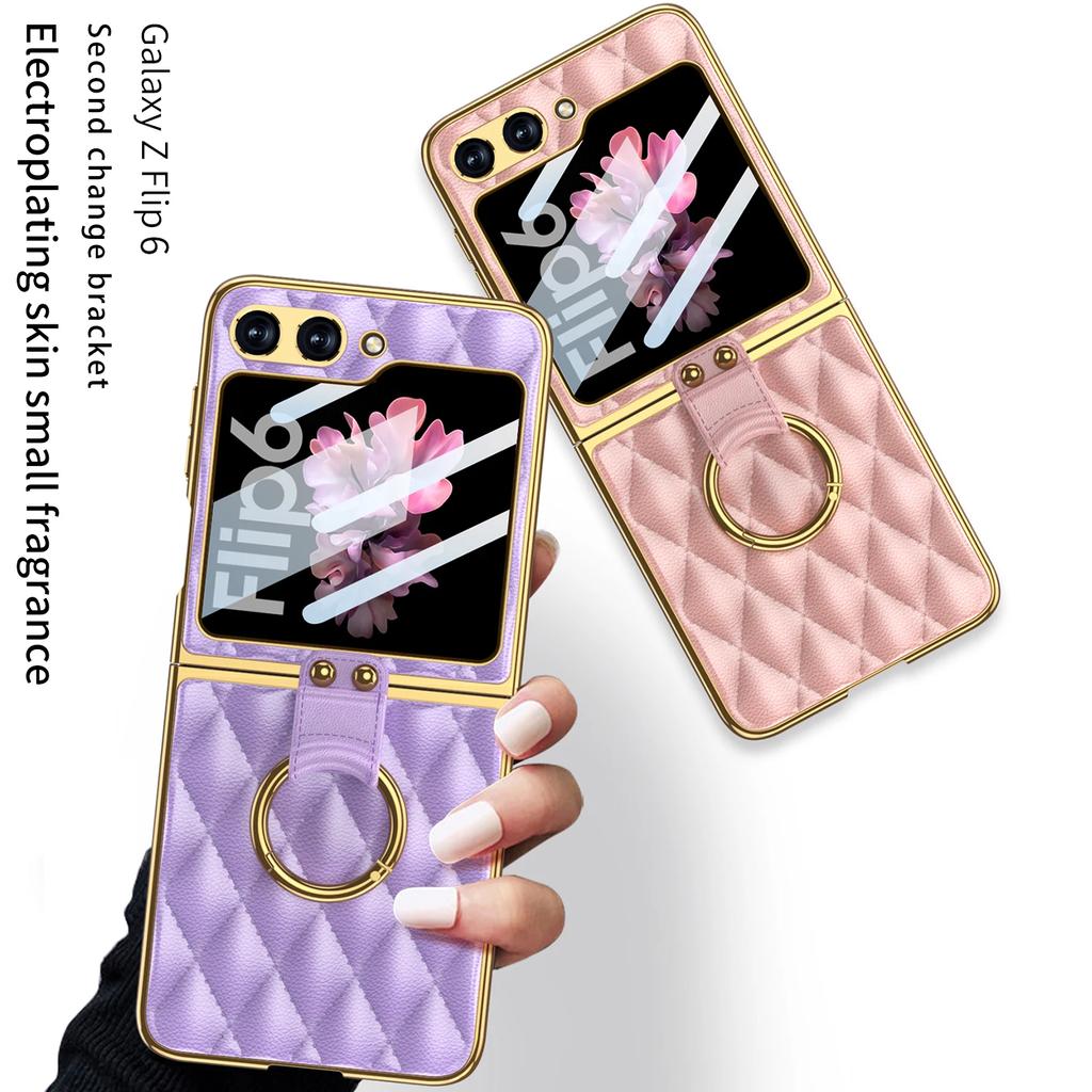For Samsung Galaxy Z Flip 6 5 Case Diamond Leather Ring Holder Back Screen Protector Plating Edge Cover for Galaxy Z Flip6 Case