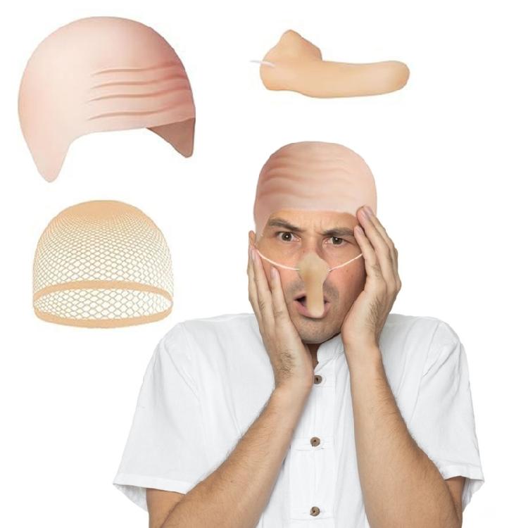Bald Hat Set for Man Adults Bald Caps Black Gray Striped Scarf False Nose Gru Costume Set