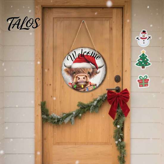 Rustic Christmas Wall Decor Wooden Round Hanging Sign, Santa Claus Highland Cow Winter Theme Farmhouse Holiday Art Door Decor, Welcome Ornament