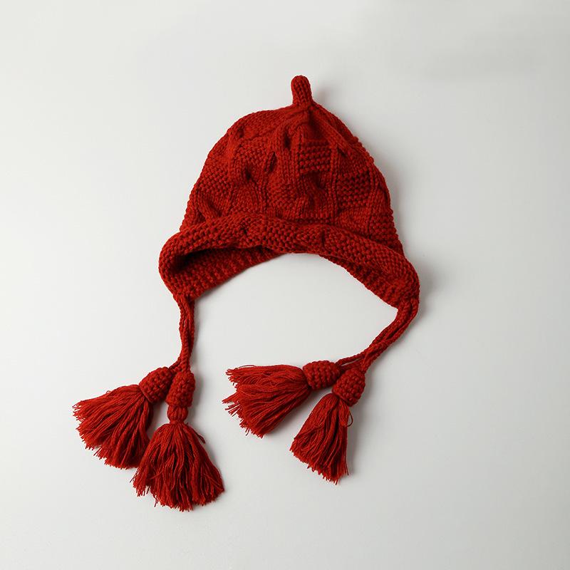 Autumn and Winter New Tassel Pendant Knitted Hat Red Thin Cute Wool Hat Street Warm Windproof Ear Hat