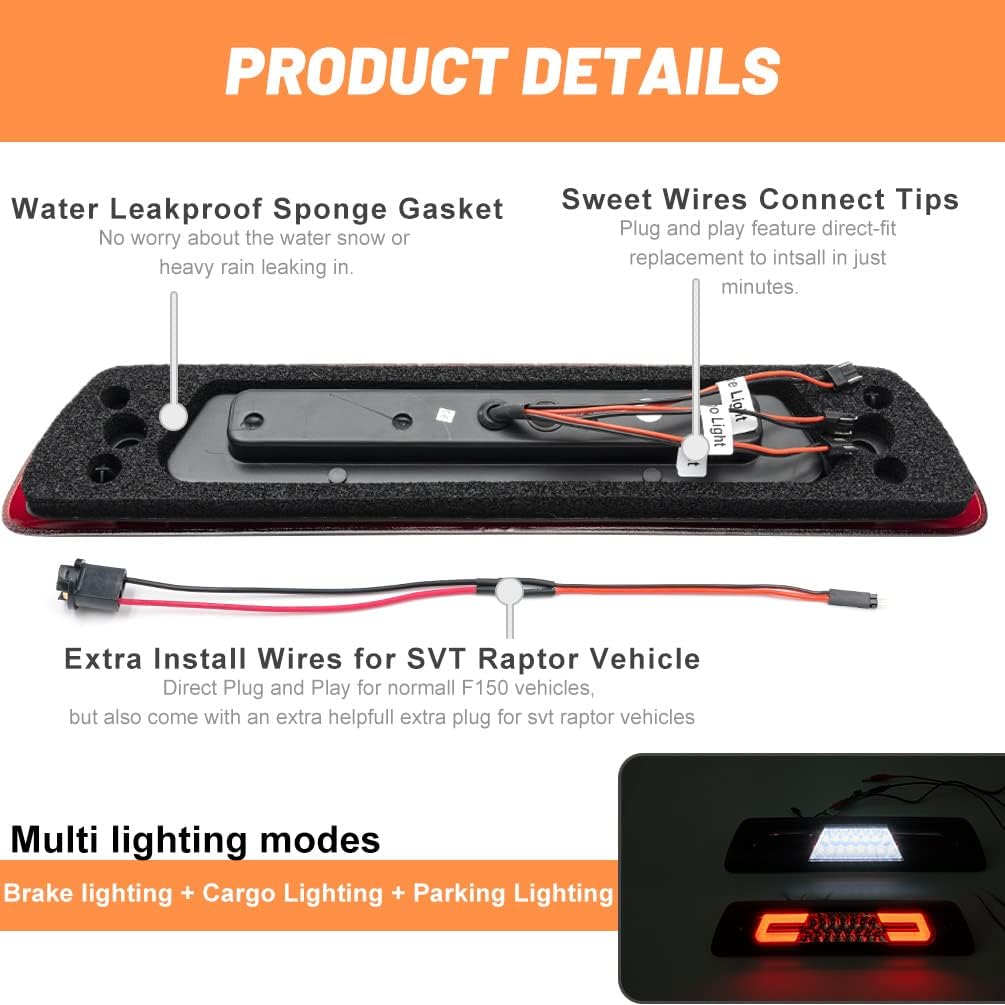 NJSBYL F150 LED 3rd Brake Light for 2009 2010 2011 2012 2013 2014 F0rd F150 SVT Raptor Smoked Lens Third High Mount Stop Brake Lamps White LED Rear