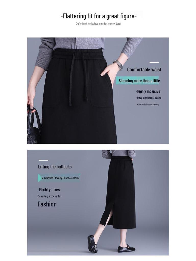 Slimming Draped Black Midi Skirt - Spring/Summer 2026 Collection, Elastic Waist, Casual Fit