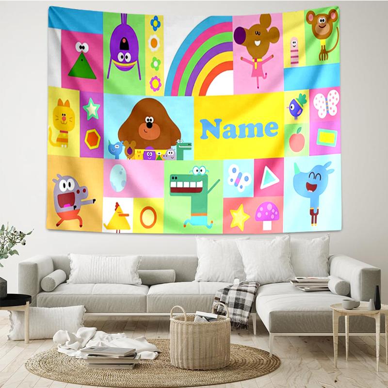 Custom Name Hey Duggee Print Tapestry, Backdrop, Easy Setup, Ideal for Bedroom, Office & Living Room, with Aesthetic Wall Hanging Decor.