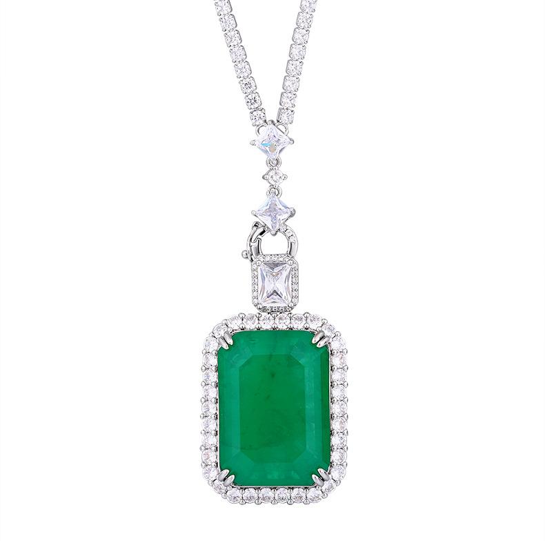 Jewelry Copper Bottom Gold Plated Imitation Emerald Paraiba Square 20 * 28 Pendant Necklace