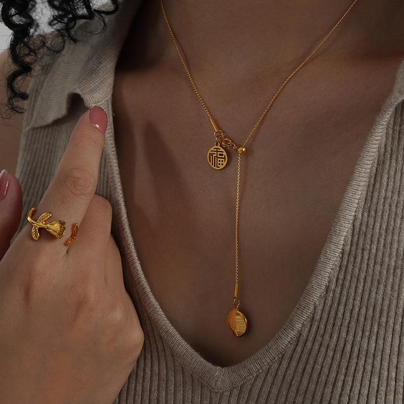 Stainless Steel Chain Necklace For Women 18k Gold Plated Non Tarnish Adjustable Women's Necklaces With Chinese Character Pendant