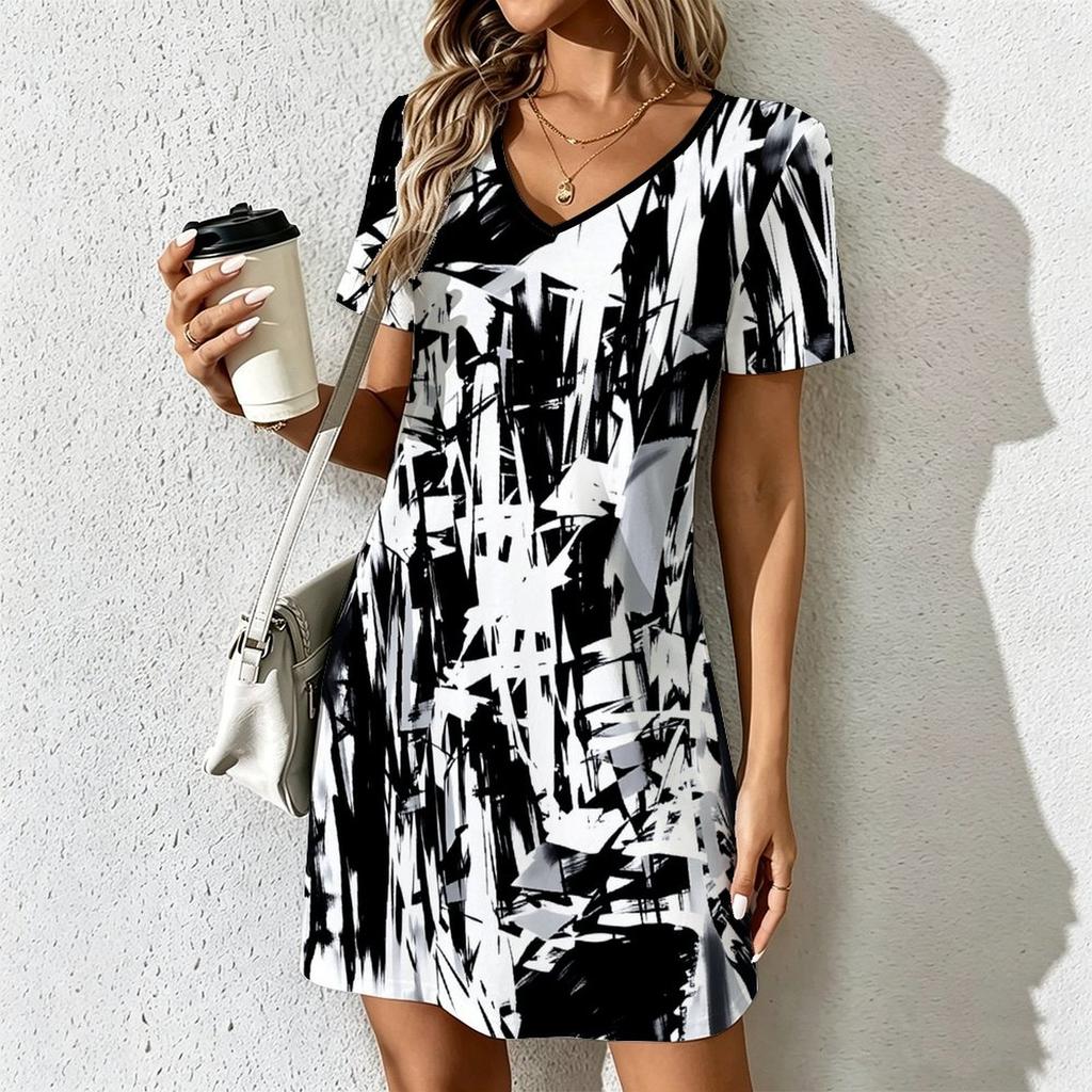 Summer Fashion Women's V Neck Short Sleeve Geometric Color Matching Printed Dress Sex Short Skirt Dresses