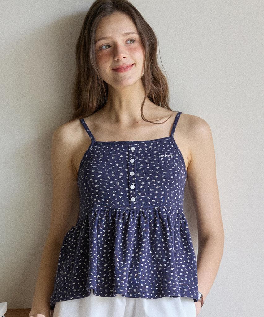 OURHOPE Tiny Floral Button Sleeveless - Navy
