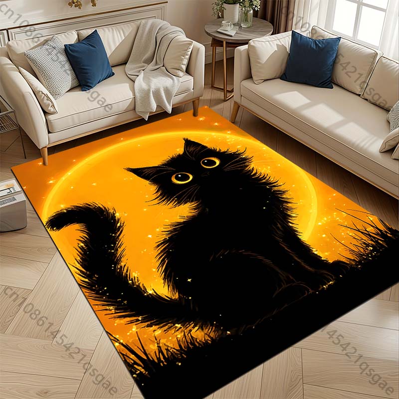 1PC Black cat with orange background Print Carpet Rug for Living Room Bedroom Sofa Doormat Home Decor Non-slip Floor Mat