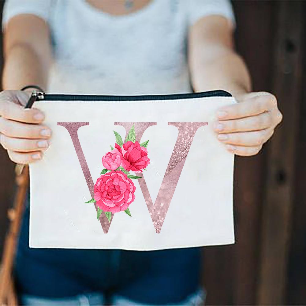 Pink Flowers Alphabet A-Z White Canvas Makeup Bags Zipper Cosmetic Pouch Ladies Casual Fashion Storage Organizer Make Up Bag