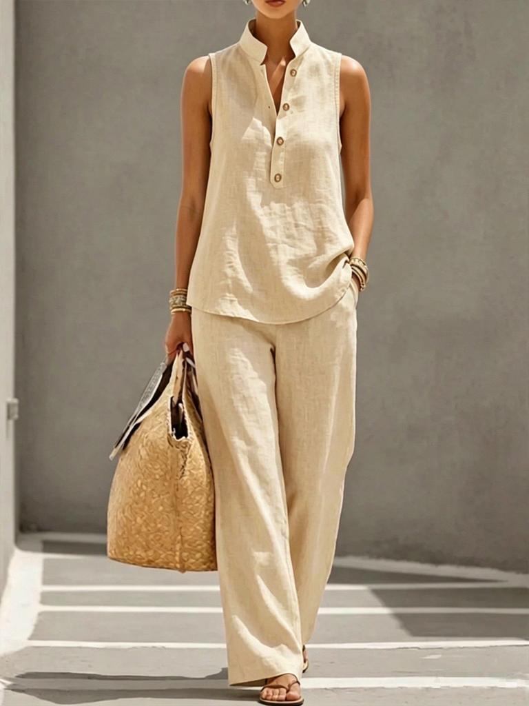 Women's Solid Color V-neck Suit with Drop Shoulder Sleeves, Casual Pocket Top & Straight Leg Pants