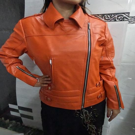 Noora Womens Lambskin Orange Leather Jacket | Stylish Motorcycle Biker Rider Jacket | Slim Fit Winter Party Jacket | Best Gift for Her