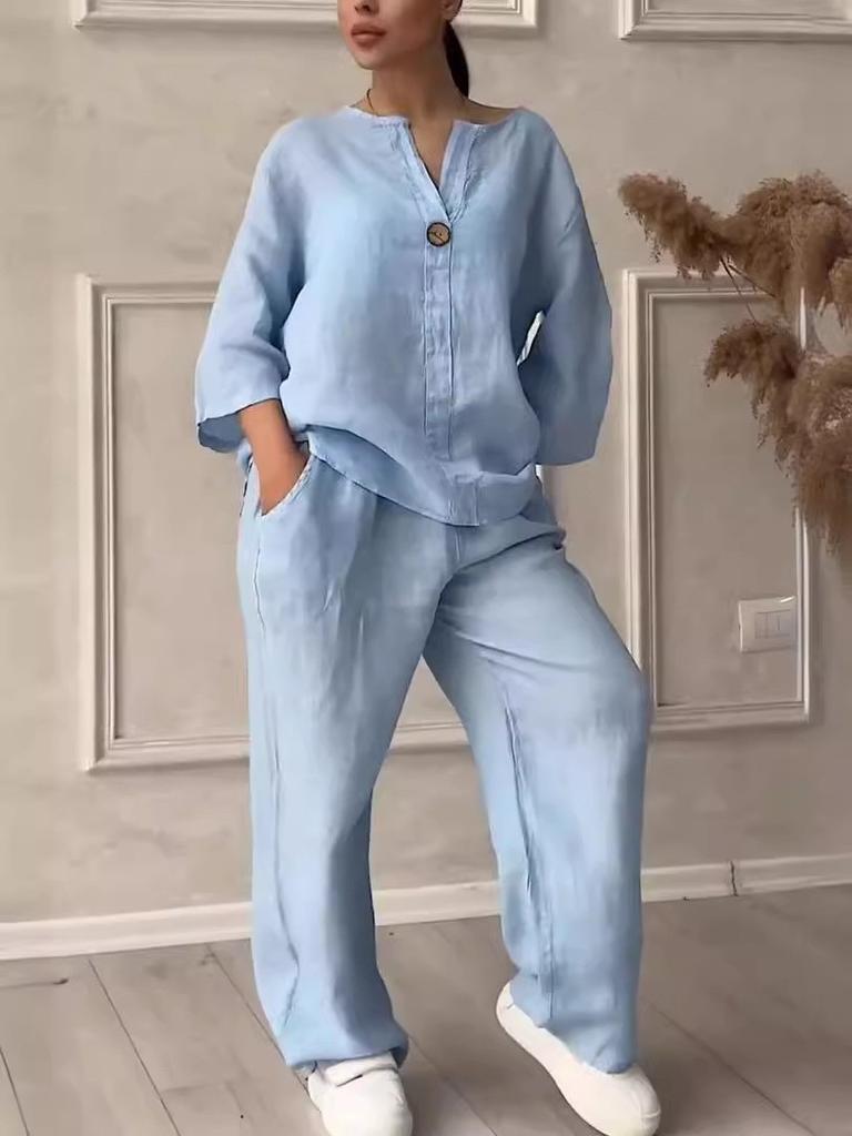 Women 2-Piece Outfit Long Sleeve Button Blouse & Wide Leg Pants Set Casual Solid Linen Look Suit S-5XL