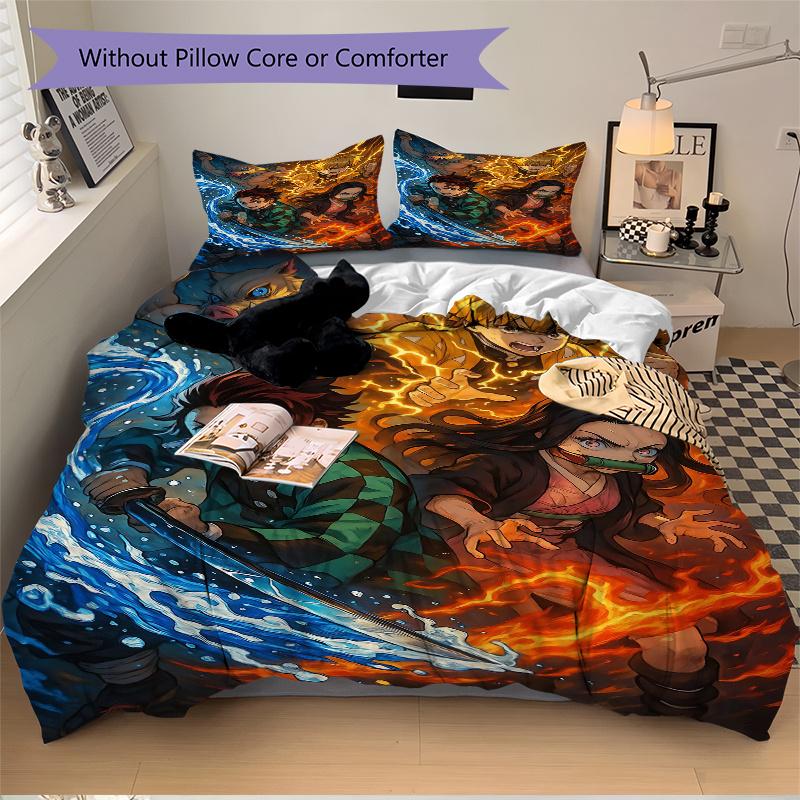 3pcs Demon Slayer Four Elements Printed Bedding Set, Soft and Comfortable Quilt Cover for Bedroom, Guest Room .H023
