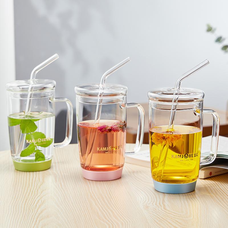 KAMJOVE Skleněný hrnek s víčkem odolný vůči teplu, Módní dámský hrnek se slámkou, Průhledný skleněný hrnek, Opakovaně použitelný AC-100 500ML hrnek na džus