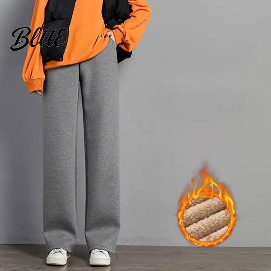 Thick Fleece Lining Straight Wide Pants Elastic Autumn Winter Trousers Women High Waist Leg Solid