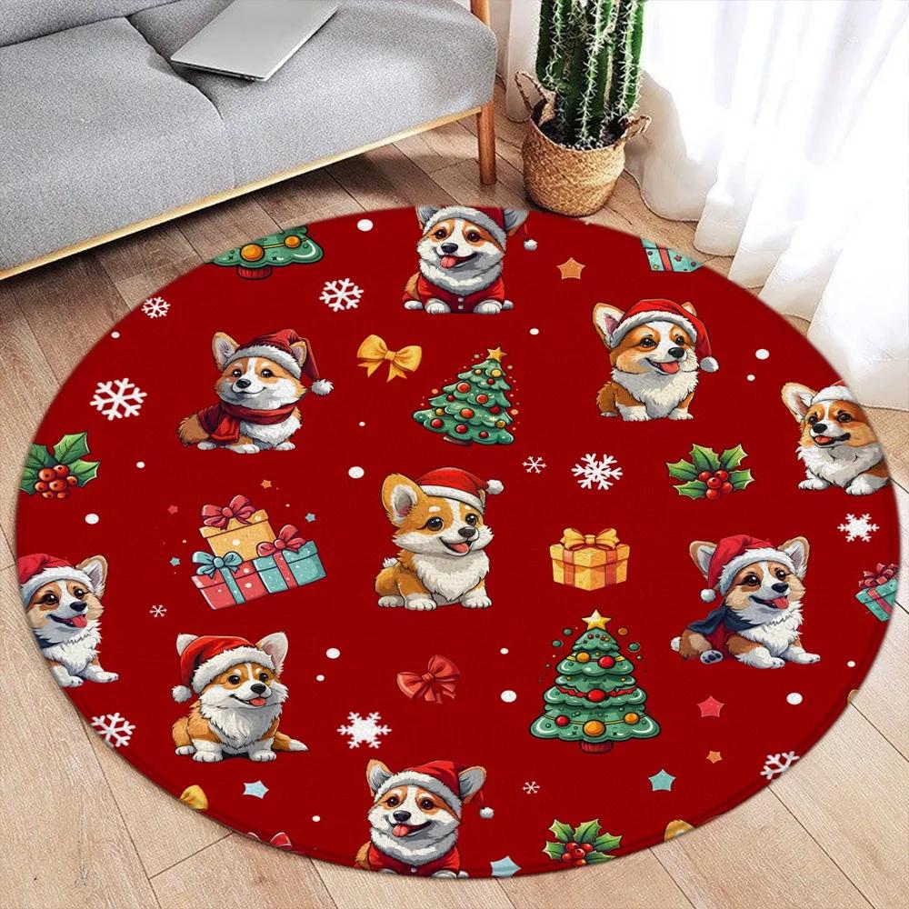 Cartoon Christmas Dinosaur Round Carpet Snowman Xmas Tree Cartoon Animal Kids Mat Home Living Room Bedroom Decorative Floor Rugs