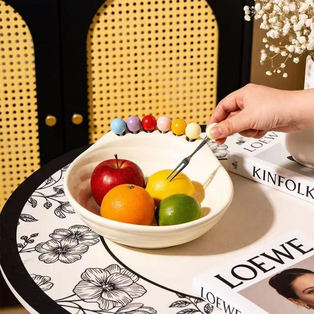 Dopamine Thread Fruit Plate Household Snack Plastic Tray Stainless Steel Fruit Fork Set For Living Room Tea Table