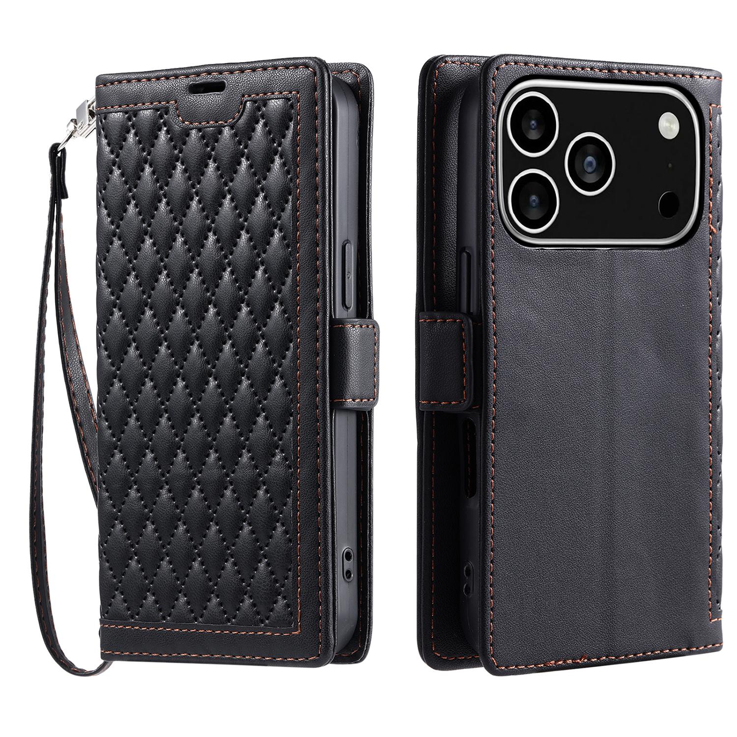 For iPhone 17 Pro Leather Case Rhombus Texture Wallet Stand Phone Cover with Wrist Strap B