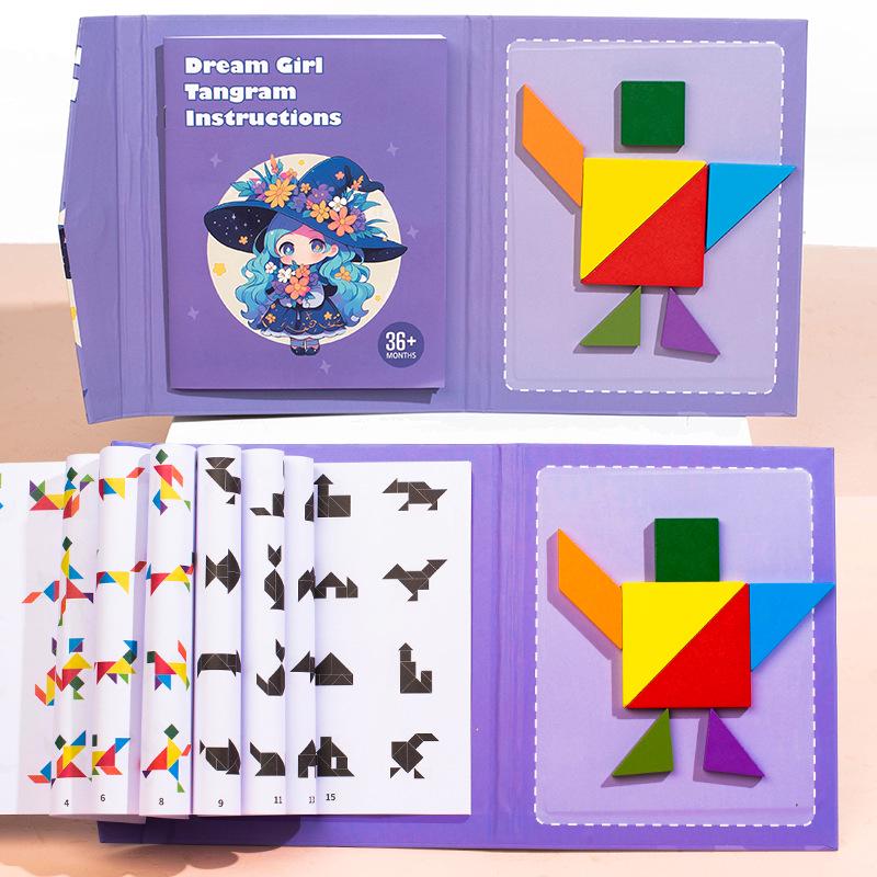 Magnetic Wooden Tangram Puzzle Board for Kids - Educational Math Toy