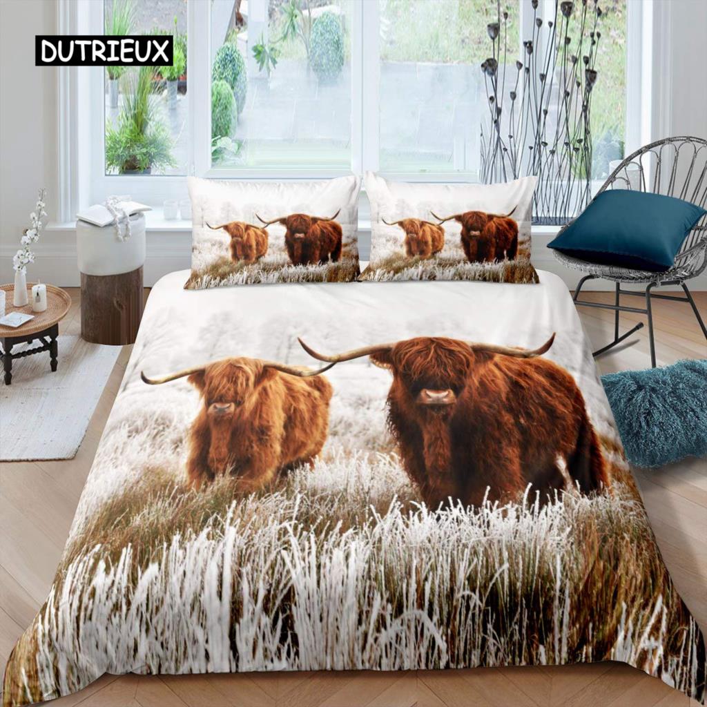 Highland Cow Duvet Cover King Sunflower Black Cattle Bedding Set Microfiber Farm Animal Cow Western Farmhouse Cattle Quilt Cover