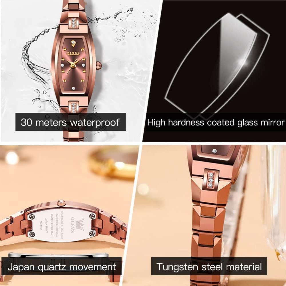 OLEVS Women's Slim Thin Watch Tonneau Square Diamond Quartz Rose Gold Steel Band Model 5501 3 ATM Water Resistant Ladies Gift