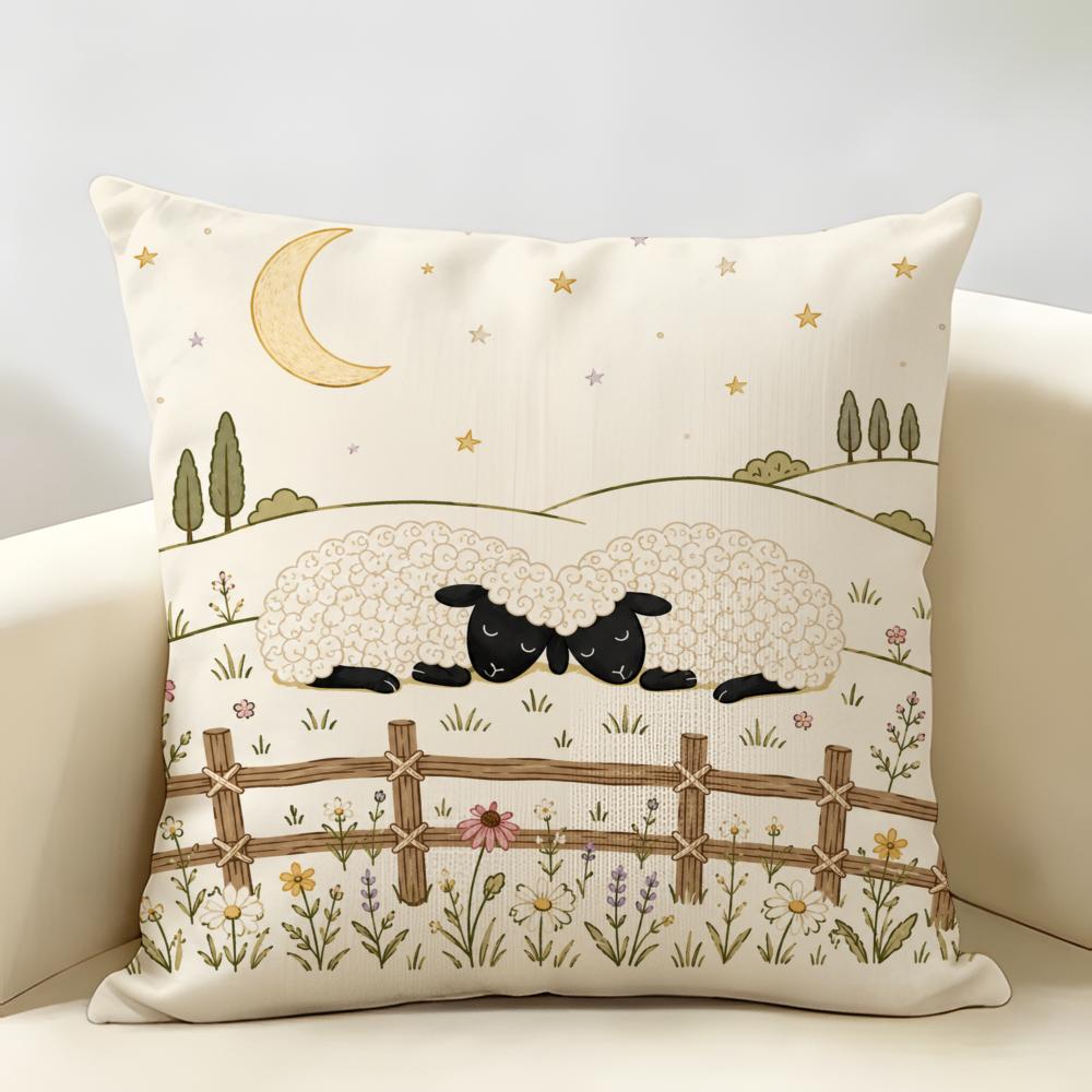 Farmhouse Sheep Cushion Cover Natural Linen Organic Fabric Double-Sided Printing Breathable Perfect For Home Decor