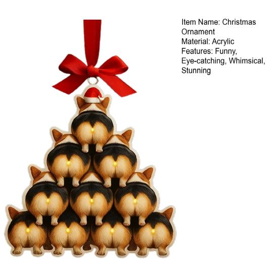 Corgi Butt Christmas Ornament 2D Acrylic Funny Dog Butt Stacking Xmas Tree Shaped Pendants for Tree Car Home Hanging Decor