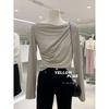New 2024 Off-Shoulder Ruched Long-Sleeve T-Shirt, Rayon 1x1, 260g, High-End.