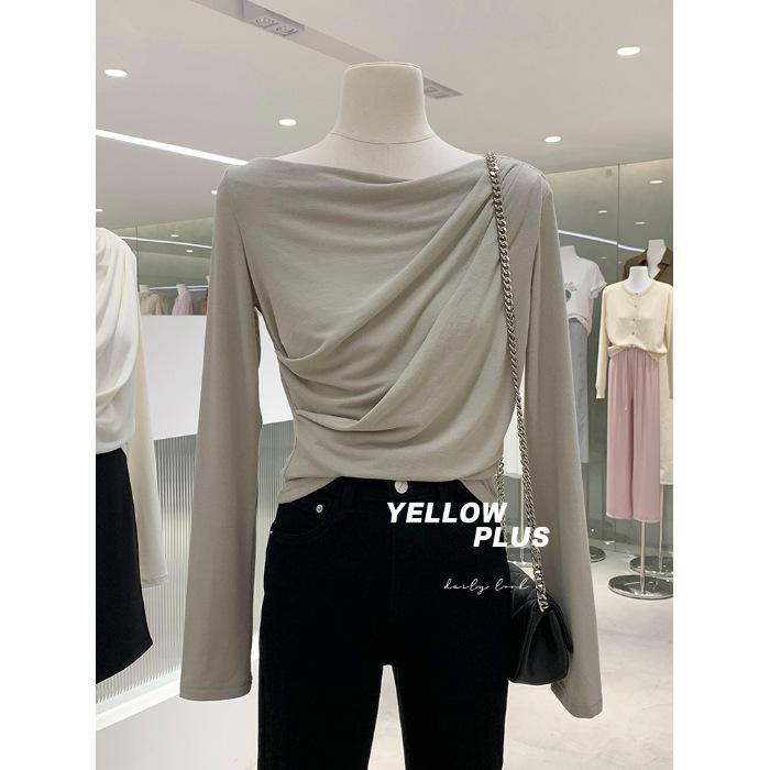 New 2024 Off-Shoulder Ruched Long-Sleeve T-Shirt, Rayon 1x1, 260g, High-End.