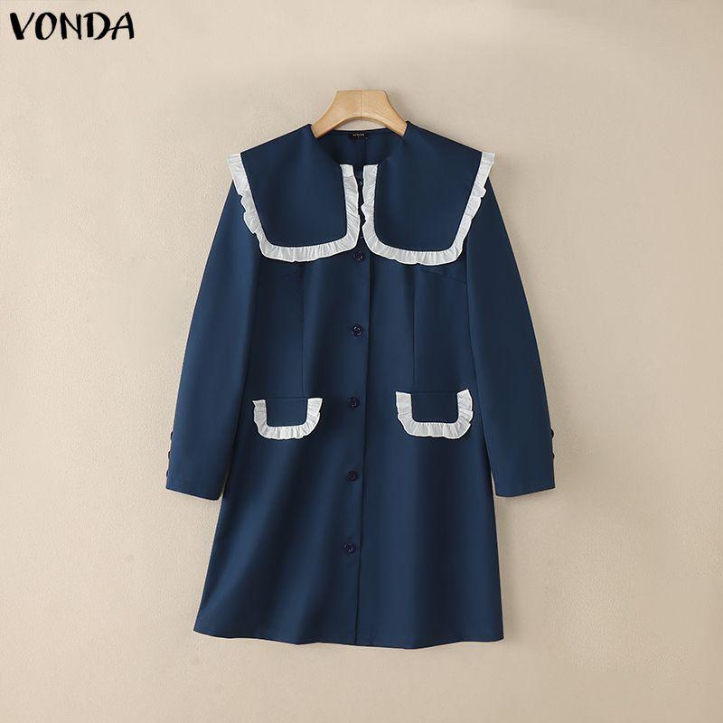 VONDA Women Elegant Big Lapel Neck Long Sleeve Stitching Casual Mini Dress