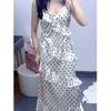 Spring and summer new waist thin pure desire ruffle edge thin long skirt casual French polka dot suspender dress women