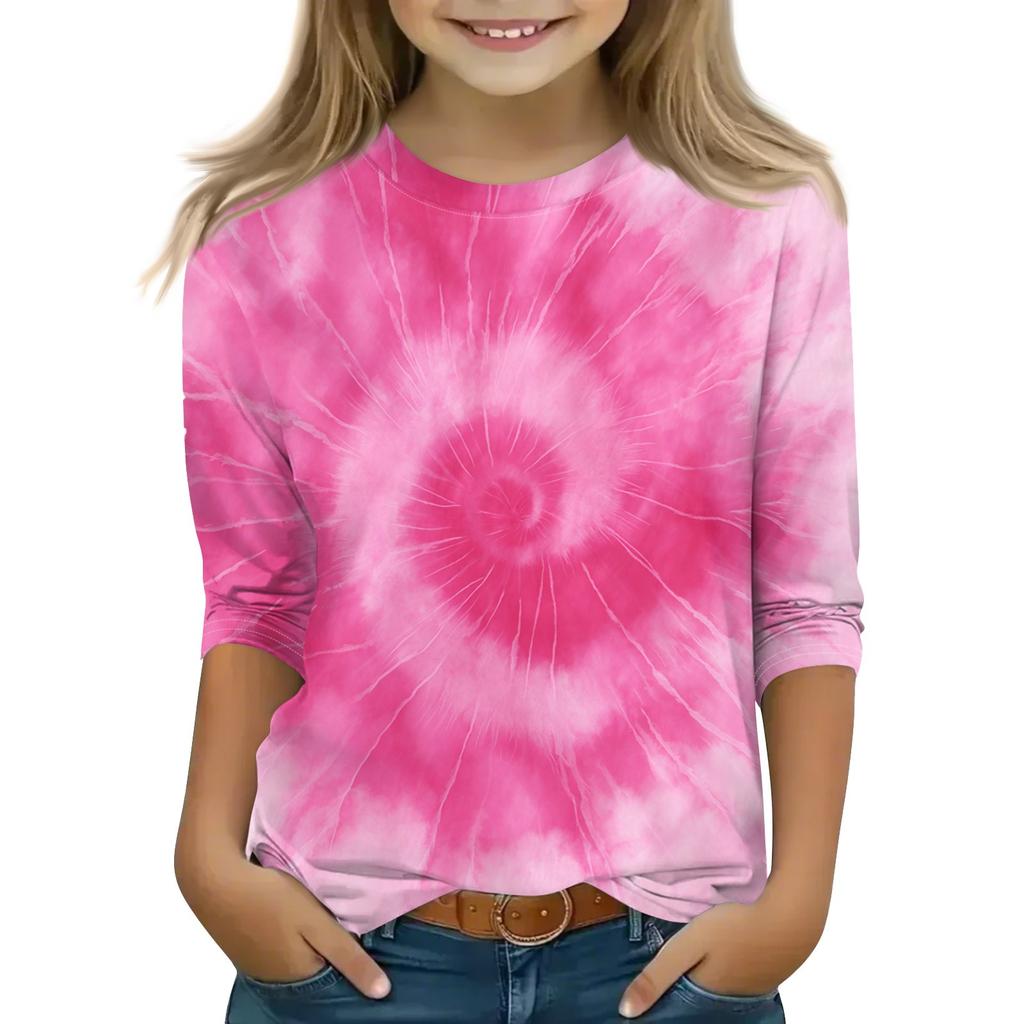Print Tops For Youth Girls Round Neck 3/4 Sleeves T-Shirts Trendy Tops Outfit Tees