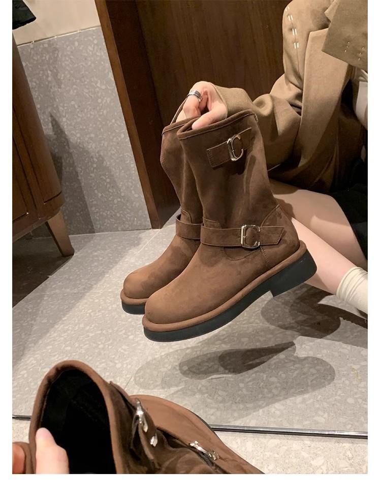 Spot Second Hair! Grape Mother Same Shoes Retro Locomotive Buckle with Round Head Thick Sole Heightening Medium Tube Short Boots Autumn and Winter Wom