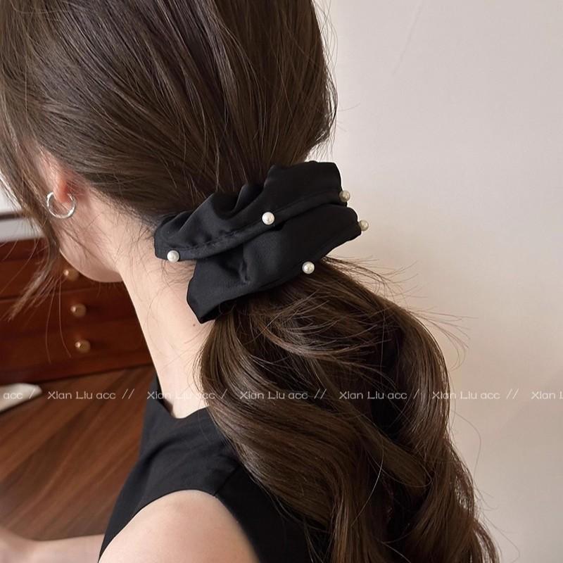 French black velvet pearl pleated large intestine hair band female Internet celebrity retro hair rope rubber band headrope hair accessories