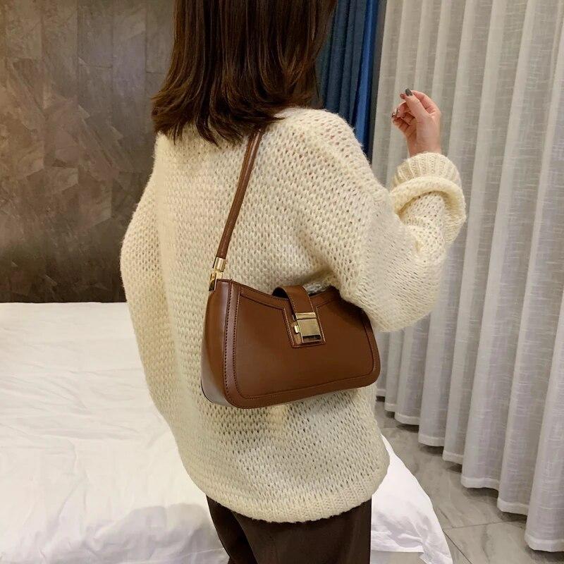 Shoulder Bags For Women Solid Color PU Leather 2024 Trend Lock Handbags Small Purse Hand Lady Designer Zipper Clutch