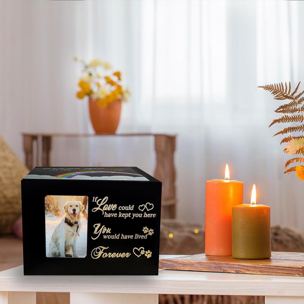 Sofunii Pet Urn for Ashes, Solid Wood Memorial Urn for Dogs & Cats, Rainbow Bridge Keepsake Cremation Box with Photo Frame, Pet Loss Remembrance Gift