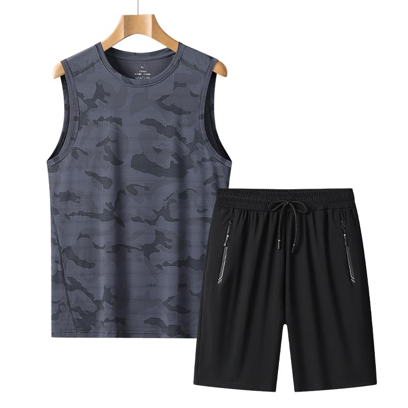 

Vest Suit Men s Outdoor Sports Suit Men s Ice-feel Breathable Sleeveless T-shirt Men s Fitness Running Suit Men s Shorts Two-piece Set 2XL сірий колір