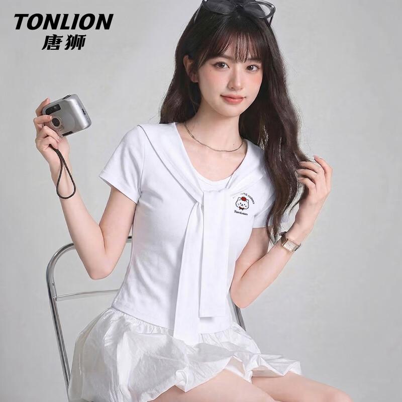 

TonLion Women s Slim Fit Sailor Collar T-shirt with Cartoon Print M