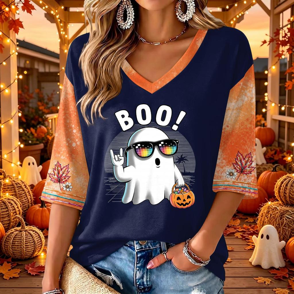 Women's Halloween Print V-Neck 3/4 Sleeve Casual Blouse Top