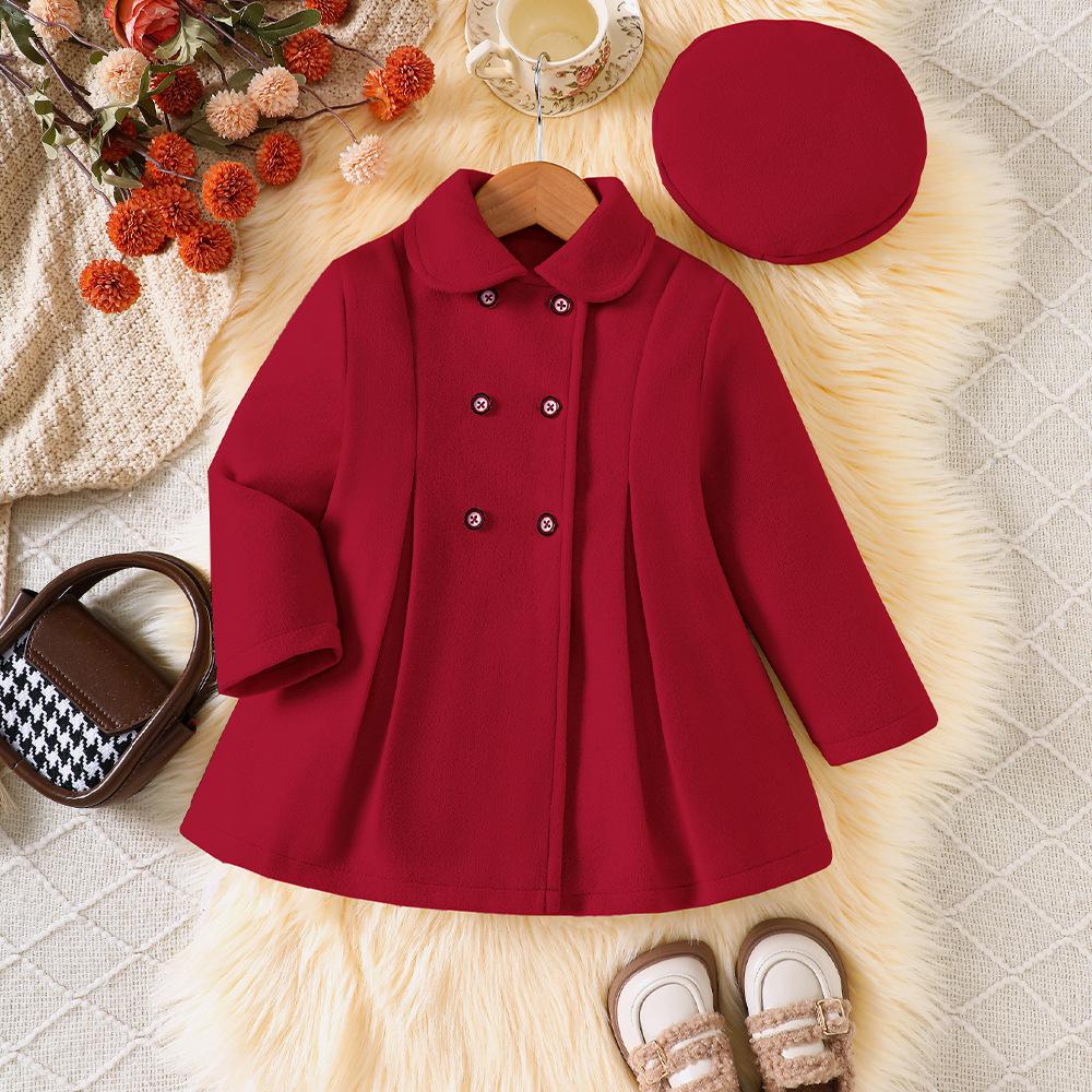 

Детская одежда Новое осенне-зимнее однотонное шерстяное тренчковое пальто с шляпой для девочек 6Y красный