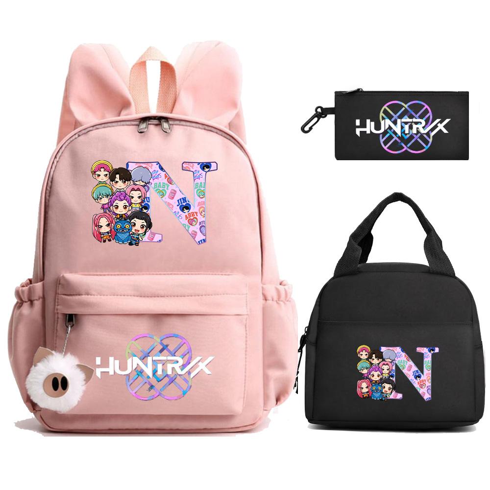 3Pcs/set 26 English Letter Kpop Demon Hunters Printed Backpack with Lunch Bag Pengcil Case for Teenager Girl Boy Large Capacity Bookbag Travel Bag
