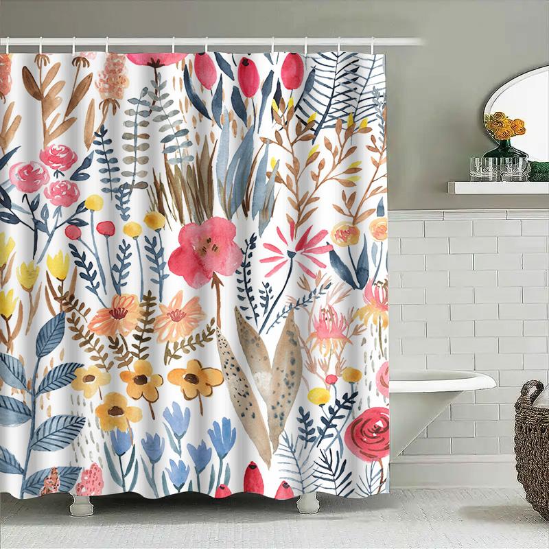 Artistic Floral Print Shower Curtain Watercolor Flowers In Blue, Pink Yellow For Bathroom Decoration