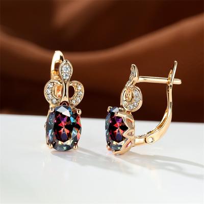 Oval Color Diamond Zircon Plated Champagne Gold Ear Buckle Wedding Earrings Women
