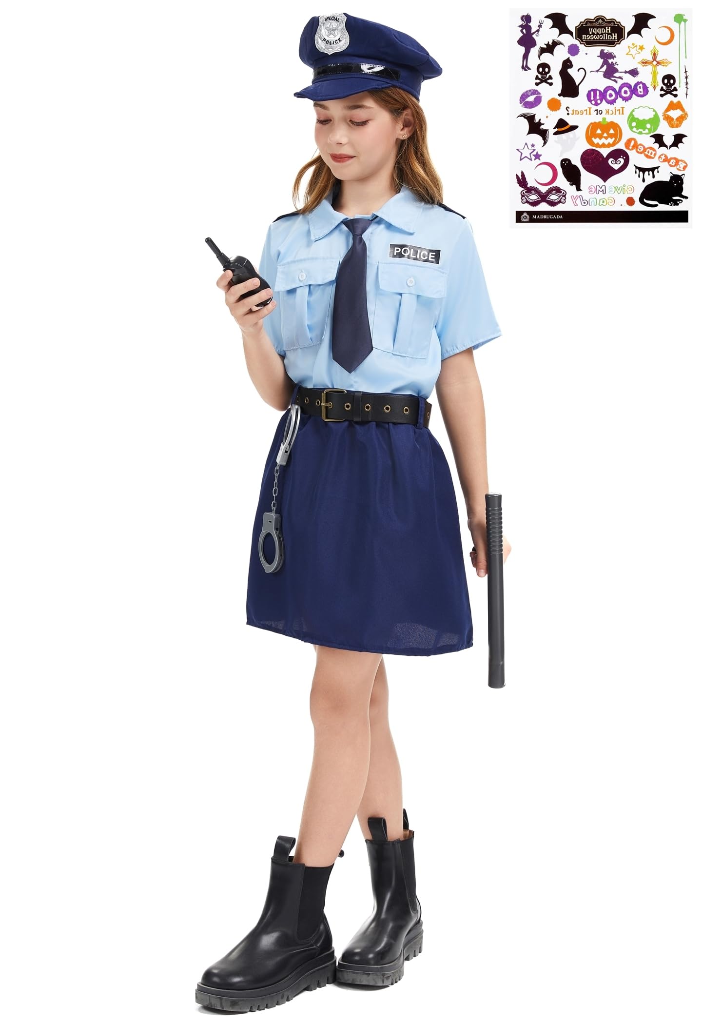 

Madrugada Police Officer Cosplay Costume for Girls and Halloween Costume Set with Tattoo and Deluxe Kids S808 Policewomen, Stickers, Bag, Headband, синій