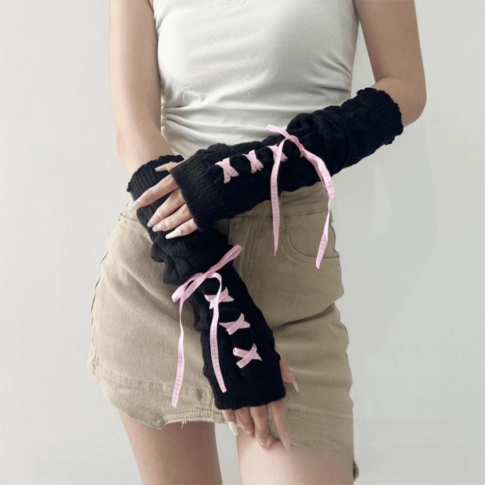 New Long Arm Warmer Gloves Knitted Cold Proof Warm Arm Sleeve with Ribbon Fingerless Gloves Women
