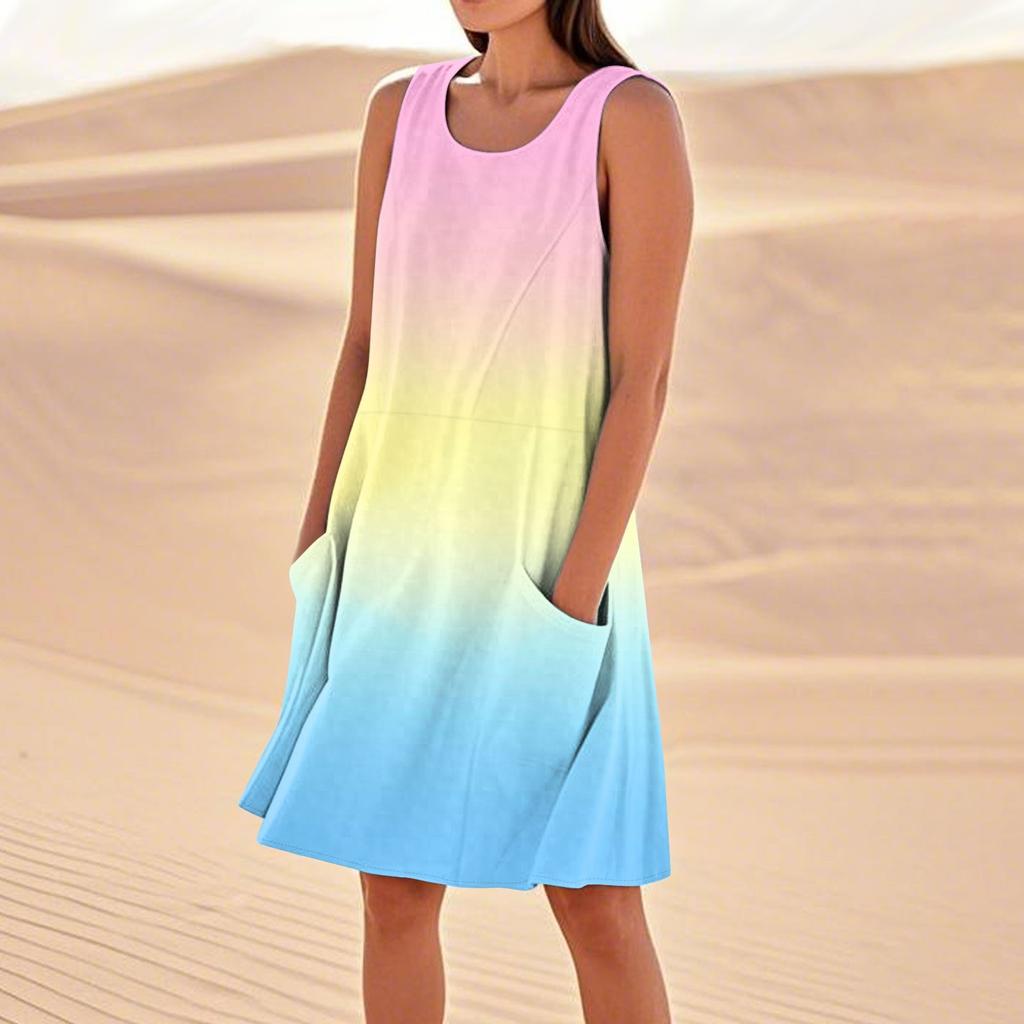 Women's Fashion Casual Gradient Print Sleeveless Pocket Beach Dress