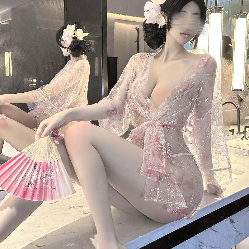 Sexy Lingerie Collar Bathrobe One-word See-through Blouse Sexy Pajamas Bronzing Print Cardigan and Clothing