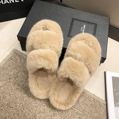 Sapatos femininos de pele, quentes, de inverno, peludos, pantufas de pelúcia fofas, para casa, sapatos internos, chinelos de quarto, femininos, bico redondo