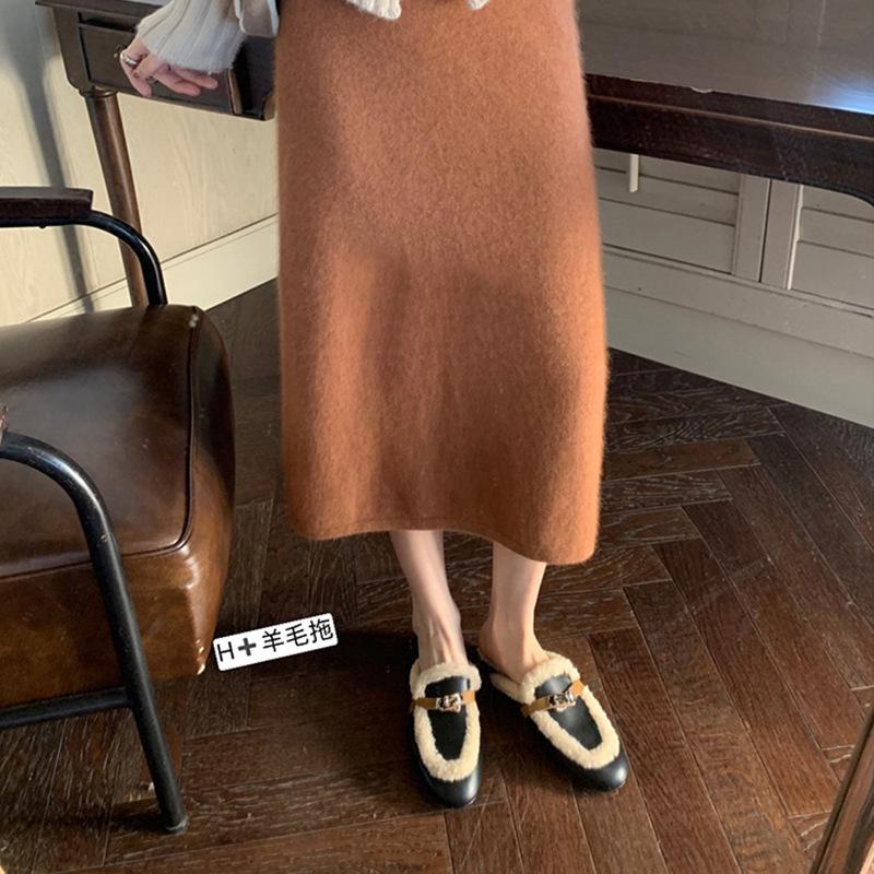 Cowhide~ Grape Mother The Same Bag Head Lamb Fur Integrated Pointed Round Head Lock Fluff Muller Half Drag Female Autumn and Winter